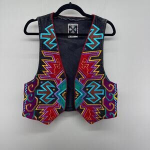 VTG ROPA Vest Womens Med/Lg Blk Denim Bright Western Aztec Embroidered 90s Rodeo